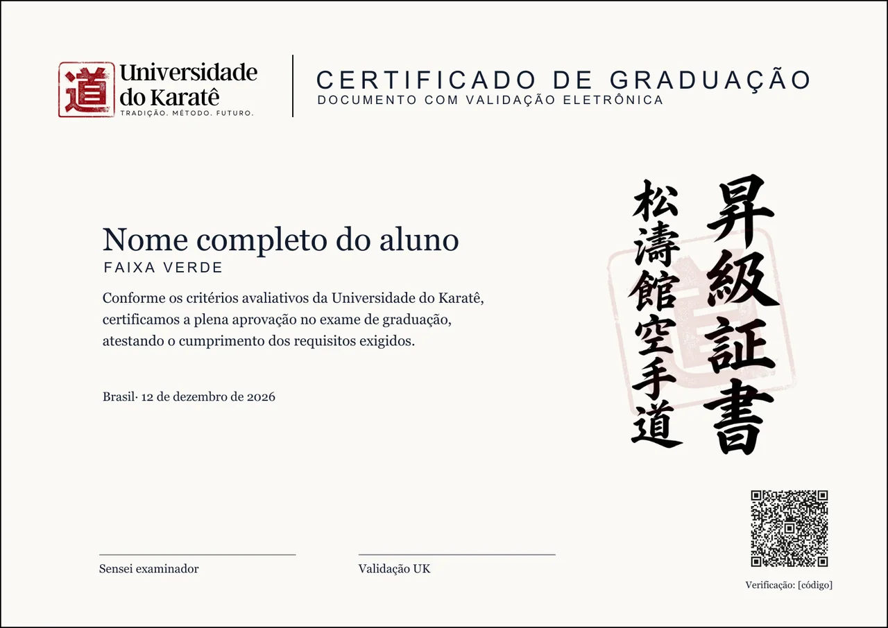 Modelo oficial do certificado de graduação da Universidade do Karatê